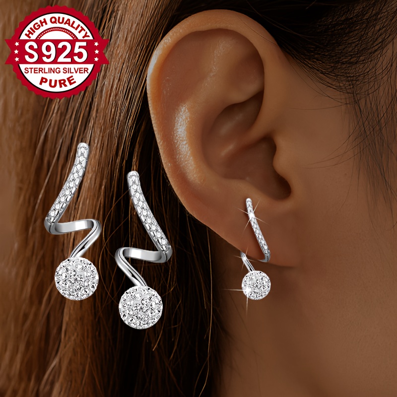 Women's S925 Silver Spiral Wave Flash Ball Stud Earrings